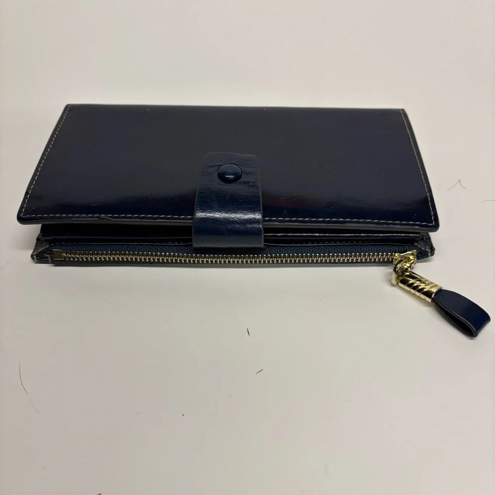 Navy Leather Wallet with Gold Zipper Clutch cardholder - Picture 10 of 10